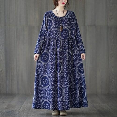 2021 New Long Sleeve Autumn Dress Plus Size Long Maxi Women Casual Dress Cotton Linen Print Floral Female Vintage Spring Dress