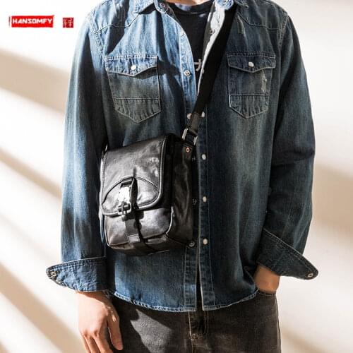 2021 New Genuine Leather Messenger Bag Mens Vertical Design First Layer Cowhide Casual Fashion Shoulder Bag Youth Small