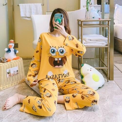 Womens Long Sleeve Sponges Bob Pajamas Spring Autumn Cotton Trousers Suit Printing Nightwear Set Girls Sleeping Shirt Home Wear