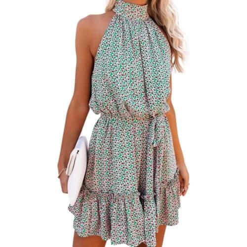 Women Summer Dress Floral Print Halter Mock-Neck Sleeveless Slim-Waist Ruffled Skirt for Girls Green
