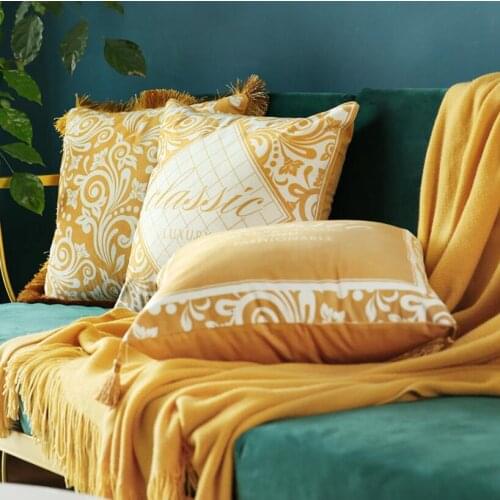 Luxury Yellow Cushion Cover Decorative Pillow Case Geometric Floral Velvet Tassel Cushion Sofa With Core Chair Bedding Coussin