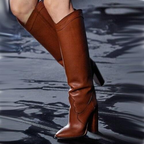 Square High Heel Boots Fashion Knee High Leather Pointed Runway Winter Women Shoes Slip On Sewing Thread Autumn Boots