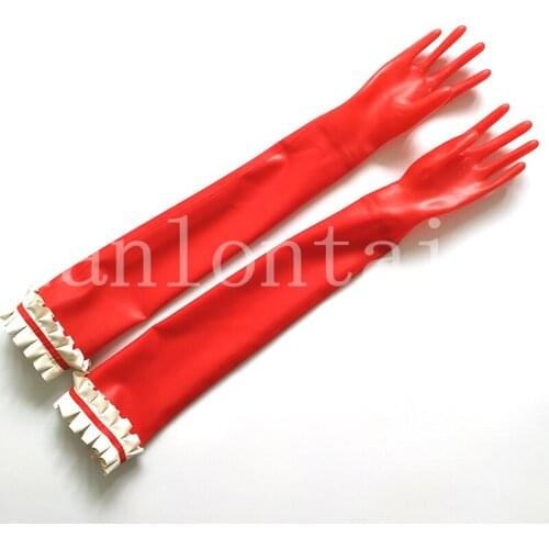 Sexy exotic lingerie women female handmade latex long gloves with chiffons purfle lace wrist spliced cekc zentai fetish costumes