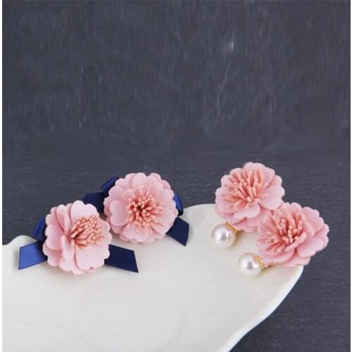 Sweet Handmade Delicate Pink Silk Rose Peony Flower Blue Ribbon Pearl Stud Earring Women Drop Dangle Fine Jewelry Girl Boho Gift