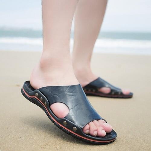 DUDELI Brand Men Slippers Leather Popular Tide Comfortable Slides Men High Quality Massage Shoes Man Slippers Beach Plus Size 48