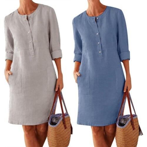 Vintage Summer Dress for Women Casual Solid Color Long Sleeve Buttons Pockets Cotton Linen Loose Knee-length Dress Lady Vestidos