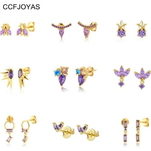 CCFJOYAS 925 Sterling Silver Stud Earrings for Women Purple CZ Crystal Prevent Allergy Huggie Earring Fashion Jewelry