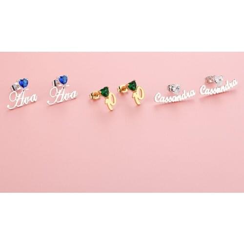 Heart Zircon Name Earring Personalized Custom Name Earrings Women Customize Initial Cursive Nameplate Stud Earring