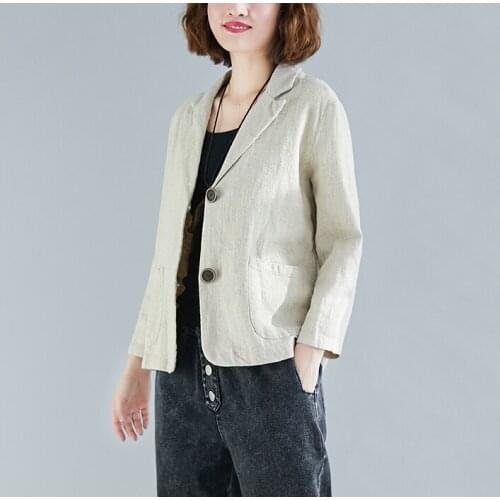 Spring women fashion loose single breasted linen blended casual outerwear female trendy vintage breathable blazers