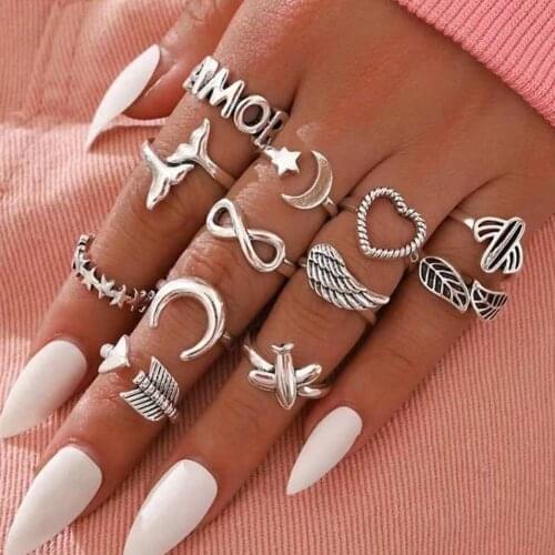 Vintage Silver Plated Angel Ring for Womens Gothic Punk Steampunk Heart Butterfly Skull Ring Sets Party Jewelry