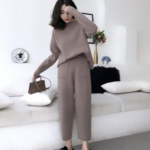 Knitted 2 Piece Set Tracksuits Women 2019 Autumn Winter Thick Warm O-neck Loose Sweater Pullover + Slim Pants Two Piece Set