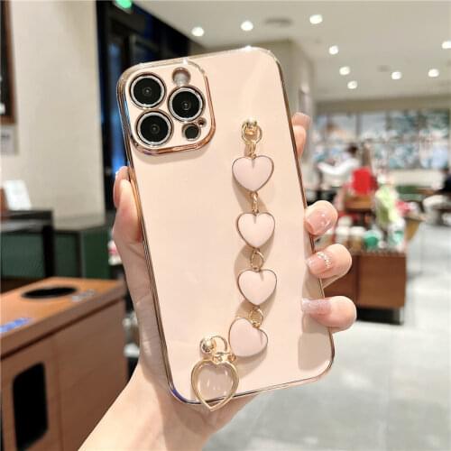 12 Case Luxury Gold Plated Electroplated Heart Bracelet Hand Strap Holder Cover for iPhone 11 Pro Max XR X XS 7 8 Plus SE 2020