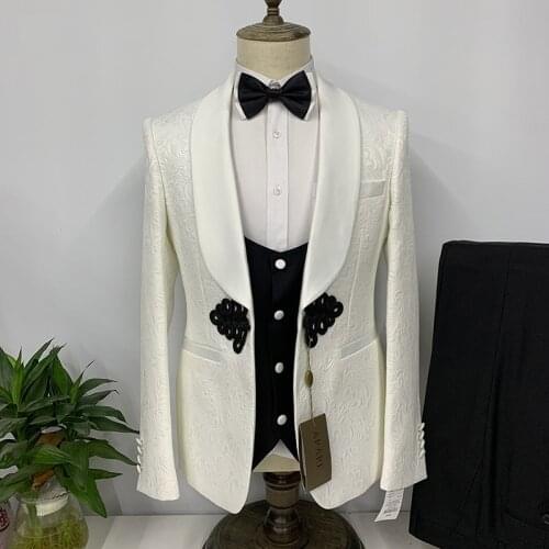 2021 New Men Latest China style button Design Blazers Vest Pants 3Set Europe Suits Ivory white For Wedding Party Gentleman Dress