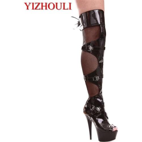 6 Inch Peep Toe High Heels Platforms Thigh High Sexy Boots 15cm Buckle-Strap Over The Knee Boots Sexy Dance Shoes