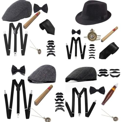 6Pcs/set Men Party Props 1920S Theme Cosplay Stage Performance Gatsby Beret Cigar Watch Suspender Tie Costumes Accessories Set