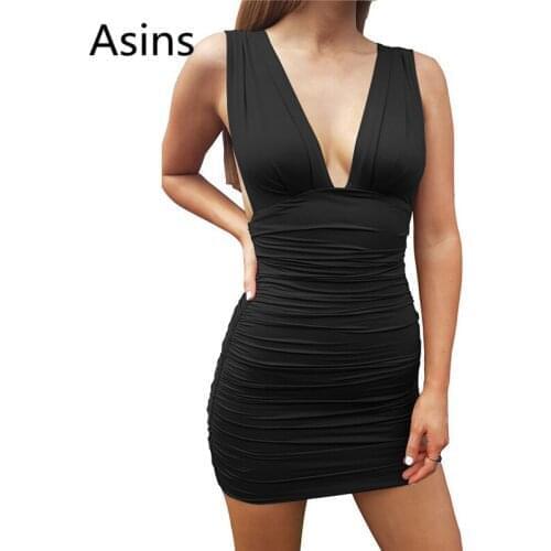 Asins Sexy nightclub dress 2019 spring summer new hot women fashion V neck open chest stretch pleat pack hip sexy mini dresses