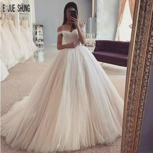 E JUE SHUNG White Tulle Wedding Dresses Pleated Sleeveless Court Train Ball Gown Wedding Gowns Bridal Dress robe de soiree