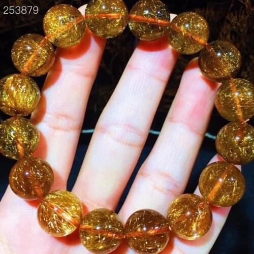 Natural Copper Rutilated Quartz Clear Round Beads Bracelet 13.2mm Bangle Women Men Wealthy AAAAA