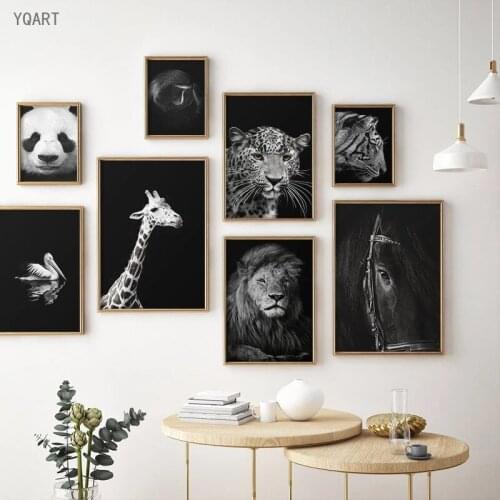 Black White Animal Canvas Paintings Giraffe Lion Tiger Panda Printing Poster Art Wall Decorative Picture for Living Room Decor