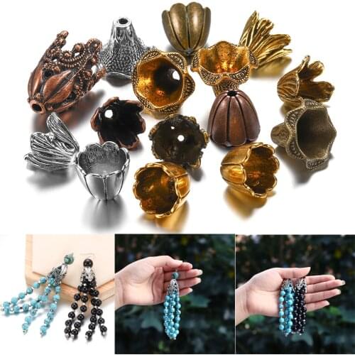 2pcs/lot Antique Bronze Hollow Flower Bead End Caps Silver Gold Spacer Apart Bead Cap For DIY Jewelry Making Finding Accessories