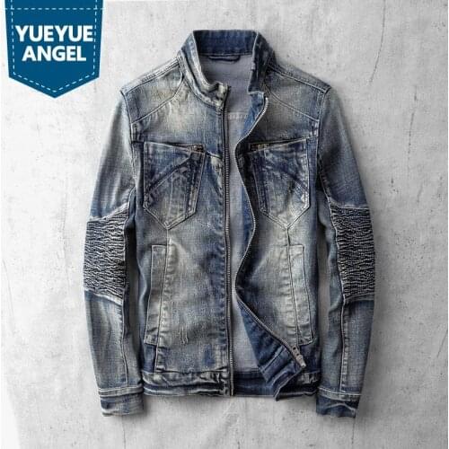 Autumn New Denim Jacket Men Teenager Slim Zipper Stand Collar Jacket Street Vintage Fashion Biker Motorcycle Coat M-3XL