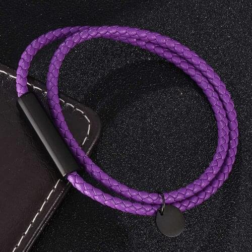 Fashion Stainless Steel Charm Magnetic Men Bracelet Purple Leather Braided Punk Bangles Jewelry Accessories BB0696