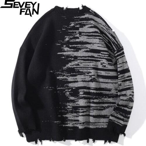 SEVEYFAN Mens Fashion Zebra Pattern Sweater Color Contrast Torn Edge Knitwear Hip Hop Pullover Sweaters for Couples