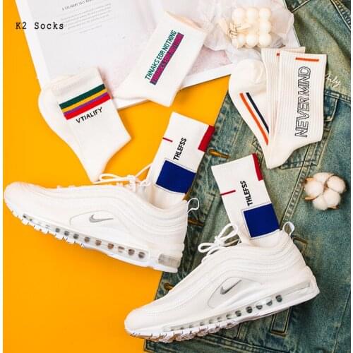 White Striped Sockings Happy Cotton Harajuku Funny Letter Hip Hop Japanese Soft Kawaii Dropshipping Fashion Men and Women Socks