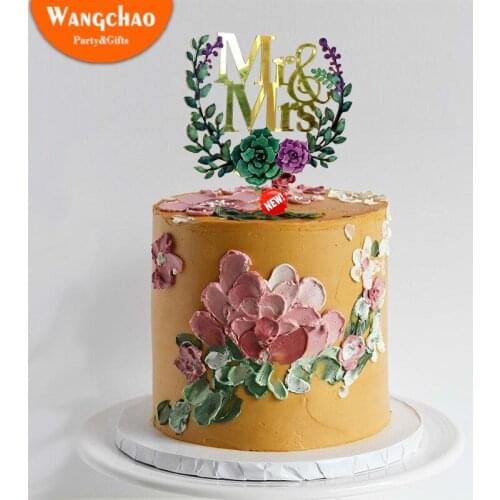 New Green Leaf Happy Wedding Acrylic Mr and Mrs Cake Topper Wedding Decoration Marriage Party Supplies Cake Decorating Tools