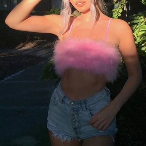 Sexy Womens Vest2021, Pink Feather Short Top With Spaghetti Straps, Sleeveless, for Club PartyFashion.Net Red Same Style
