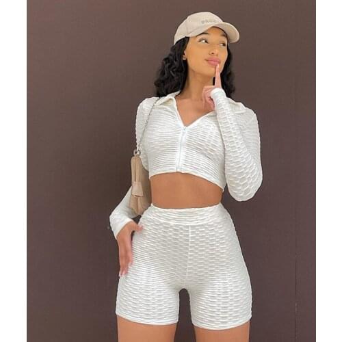 Casual White Two Piece Set Long Sleeve Lapel T-shirt Zipper Crop Top High Waist Shorts Leisure Sports Fitness Suit Matching Set