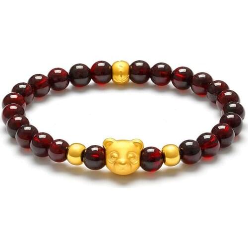 Real 999 Yellow Gold 3D Lovely Bear Charm Garnet Beads Link Bracelet