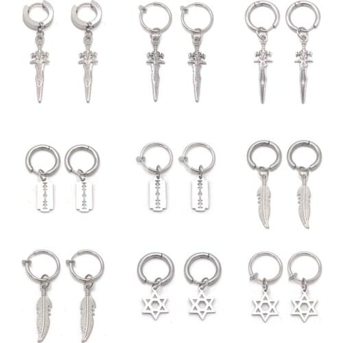 Hip Hop Drop Earrings for Men Silver Color Small Sword Leaf Blade Star Dagger Dangle Women Ear Fashion Jewelry Accessories