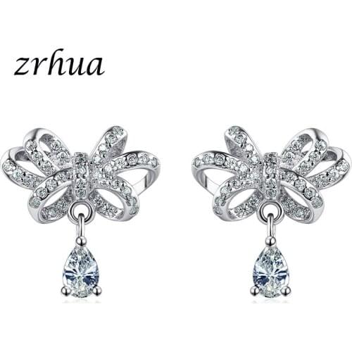 ZRHUA Pure 925 Sterling Silver Earrings Mosaic CZ Zircon Drop Earrings For Women Elegant Bowknot Dangle Earring Engagement Gift