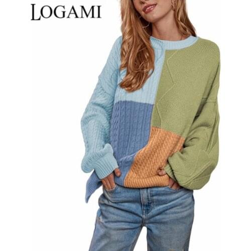 LOGAMI Square Stitching Contrast Sweater Women 2021 Autumn and Winter New Twist Lantern Sleeve Sweater Pullover