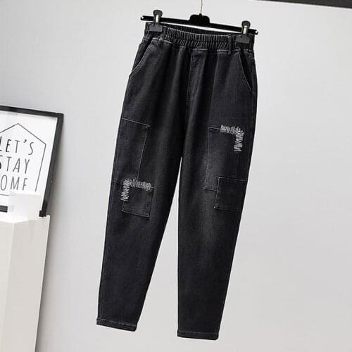Autumn New Arts Style Plus Size Women Jeans Vintage Embroidery Patchwork Loose Black Jeans cotton Denim Harem Pants M663