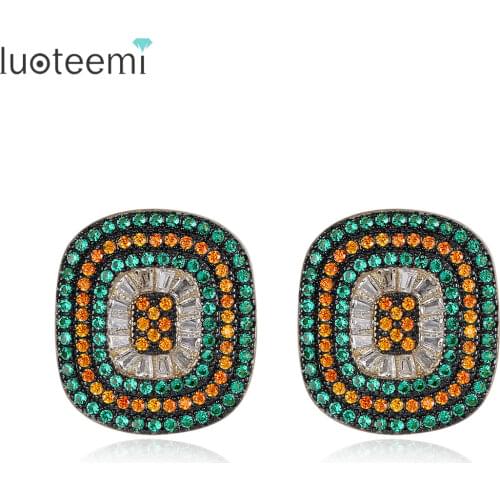 LUOTEEMI Vintage Design Colorful Square Stud Earrings for Women Wedding Party Green/ Orange Cubic Zircon Paved Fashion Oorbellen