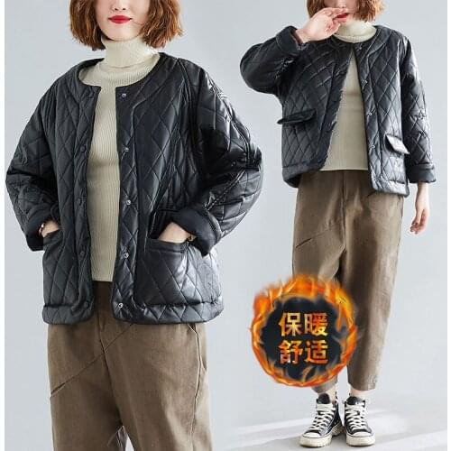 2021 Female Winter Coat New Korean Large Size Jacket Single Breasted PU Leather Cotton Padded Short Outwear Women s1002