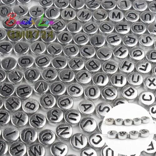 100pcs Mix Silver Color Letter Beads for Needlework 4*7mm Round Flat Alphabet Acrylic Beads for Jewelry Making Bracelets DIY