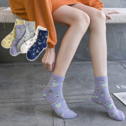2021 Japanese Harajuku Womens Socks Spring Summer New 5 Pairs High Quality Cotton Fun Happy Cactus Socks Girl Gift