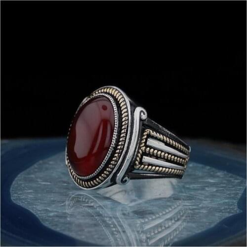 925 Sterling Silver Oval Burgundy Agate Stone Design Cool Mens Ring Exclusive Chic Accessory for Men Special Ring