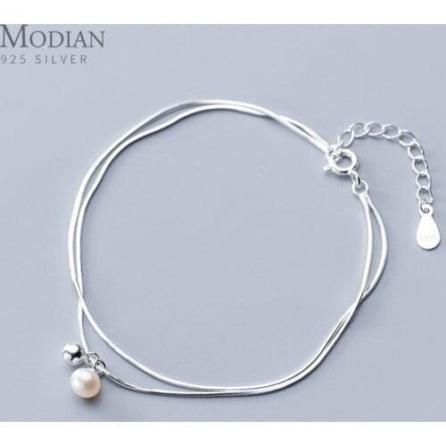 Modian Real 925 Sterling Silver Double-Layer Snake Chain Bracelet for Women with Lobster Clasp Link Chain Brangle Fine Jewelry