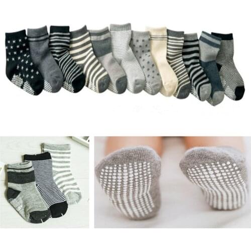 12Pairs/Lot Cotton Childrens Anti-slip Boat Socks Low Cut Floor For Kid with Rubber Grips Four Season 1-5Yyears