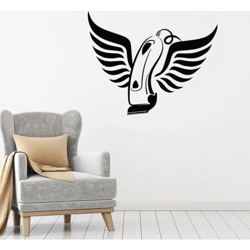 Creative Wall Decal Mens Hair Shaving Machine Wings Door Window Vinyl Stickers Barbershop Hair Salon Interior Decor Mural E798