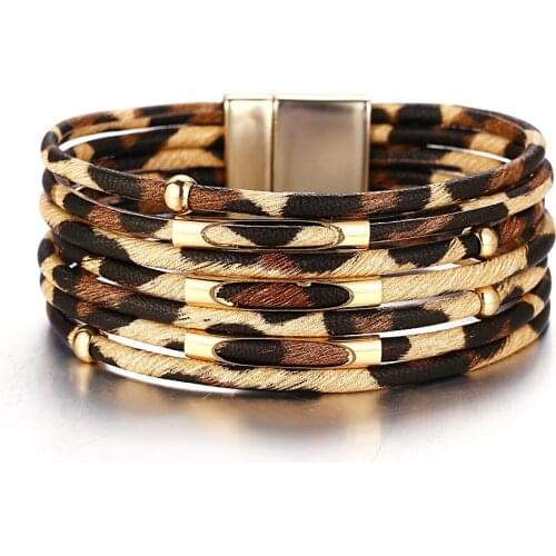 Creative retro autumn and winter leopard print bohemian bracelet high quality metal magnetic clasp leather bracelet jewelery