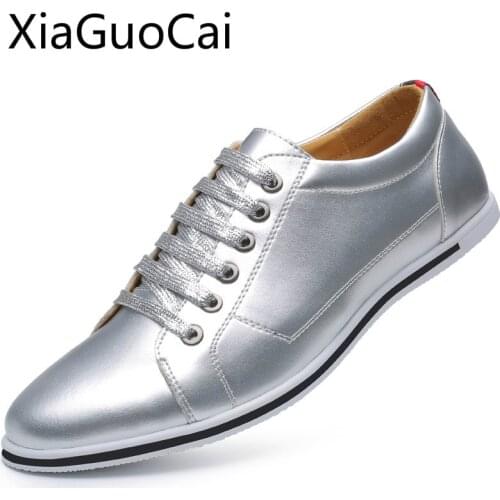 Big Size 47,48 Spring High Quality Men Casual Shoes Sliver Solid Breathable Leather Male Casual Flat Sneakers Basic Shoes