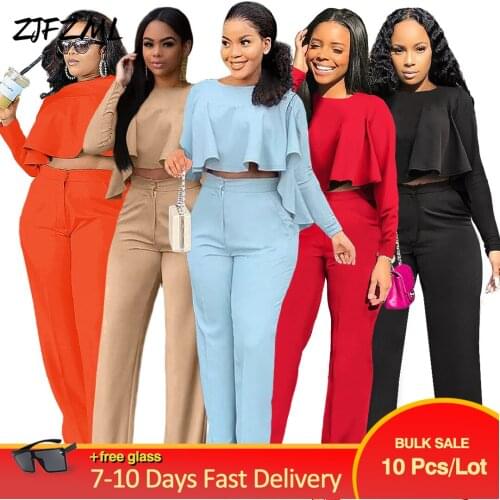 Bulk Items Wholesale Lots Womens Set Irregular Shape Draped Full Sleeve Crop Top and High Waist Straight Pant Business Outfit