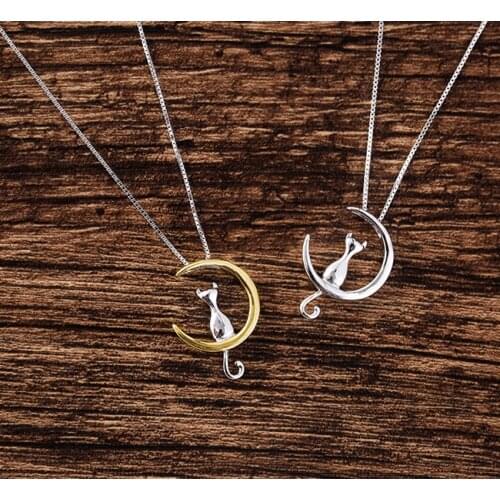 Fashion Cat Moon Necklace Kitten Pendant silver/gold plated Chain Pet Charm Women Jewelry