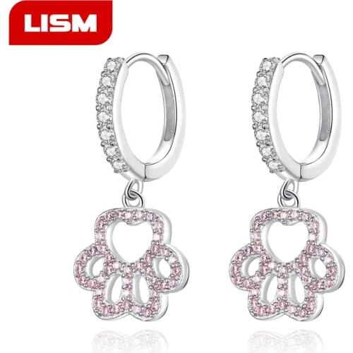 Fashion 925 Sterling Silver Earring Pink Claw Print Bear and Dog Paw Zircon Earrings Trendy Cute Cat Paw Earrings For Women