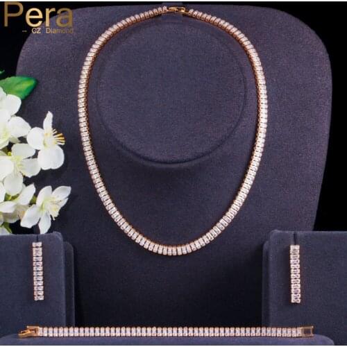 Pera Luxury Baguette CZ Crystal Round Choker Bridal Wedding Necklace Earrings Bracelet African Gold Jewelry Sets for Women J411